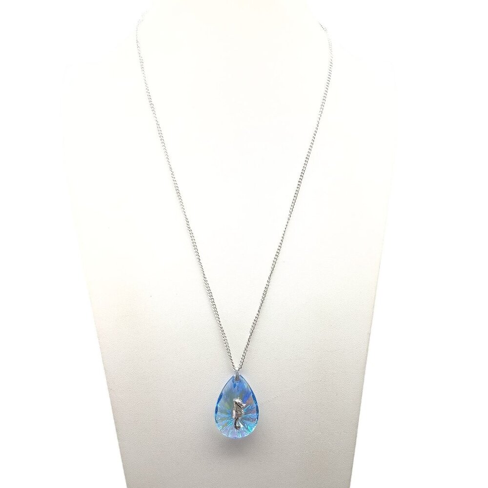 Vintage Iridescent Crystal Seahorse Pendant Necklace with Eloxal Chain Mermaidco